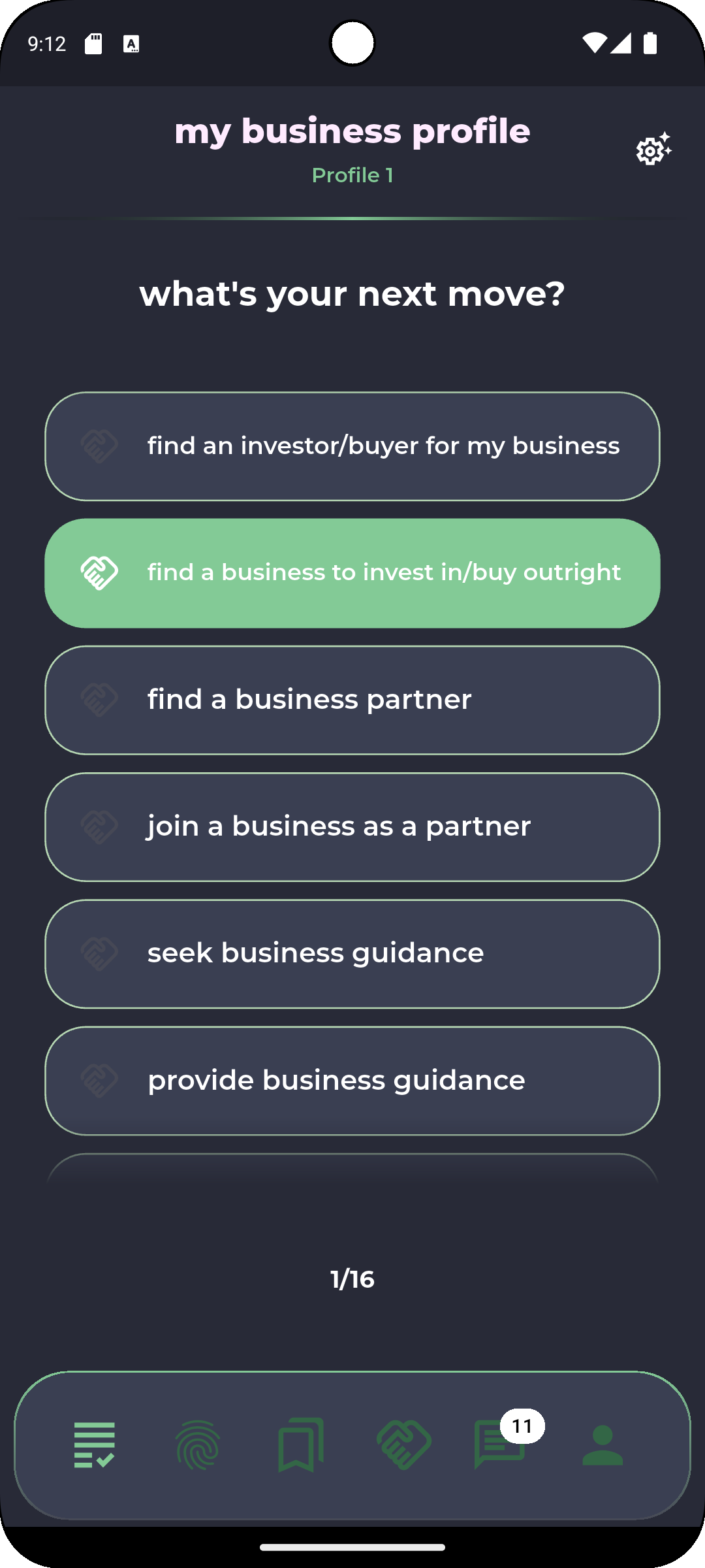 Pitchr business profile screen with a set zero business profile choice