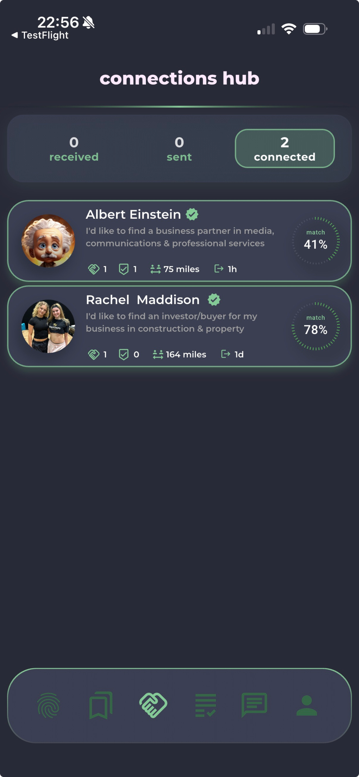 Pitchr connections screen showing a user's business connections