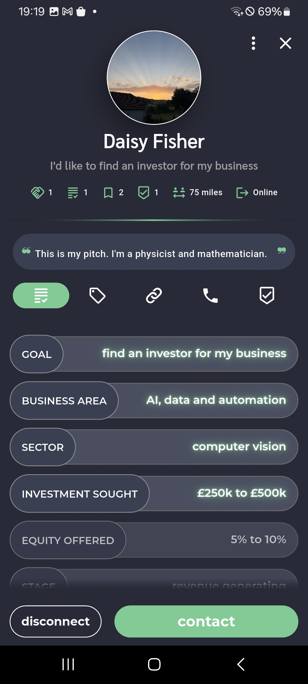 Pitchr profile screen showing a user's profile, match details and business information