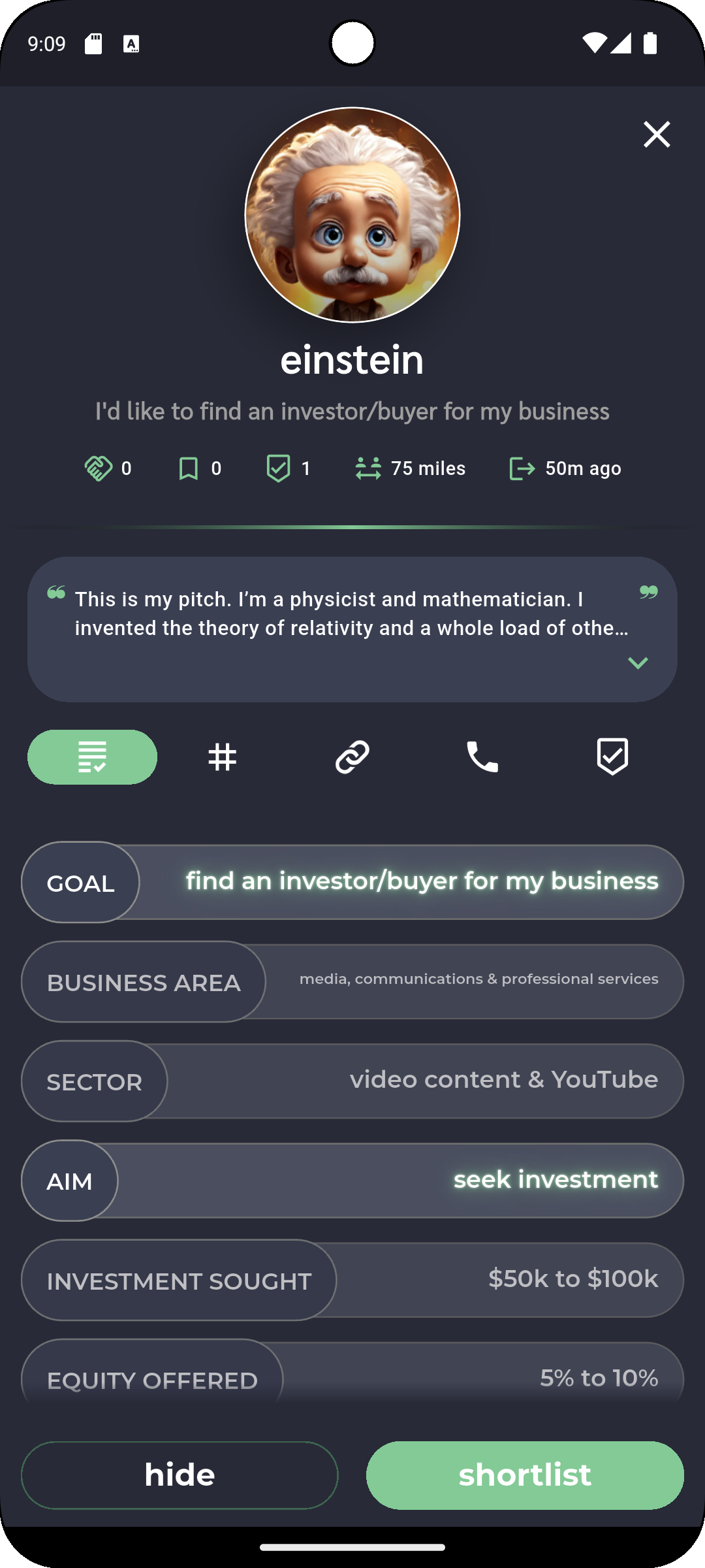 Pitchr profile screen showing a user's profile, match details and business information